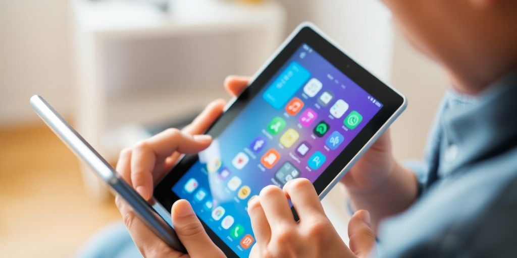 User interacting with a tablet, focused on the screen.