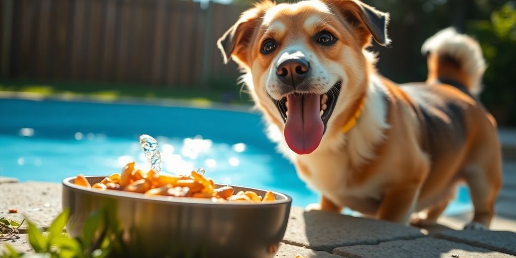 Dog happily eating and drinking from bowls outdoors.