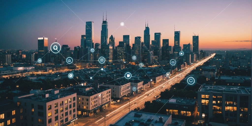 Modern city skyline with real estate icons and digital marketing symbols, illustrating the importance of digital marketing in real estate.