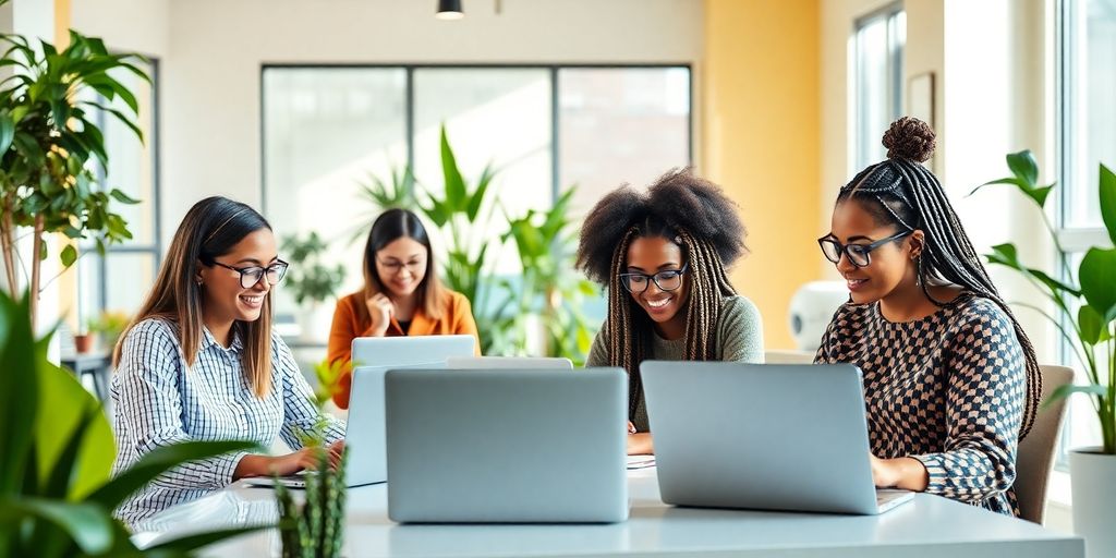 Diverse individuals working on laptops in a bright office.