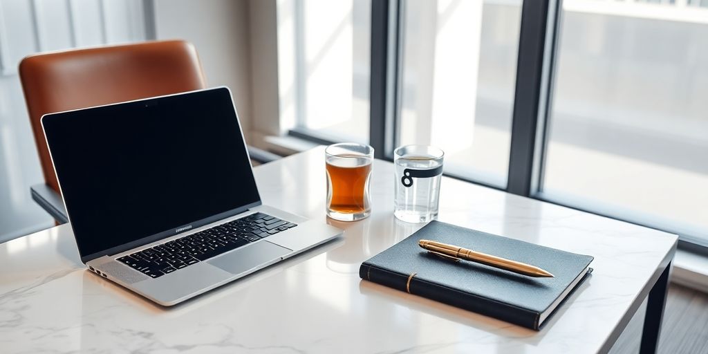 Birou elegant modern cu marmură, laptop metalic și pix auriu