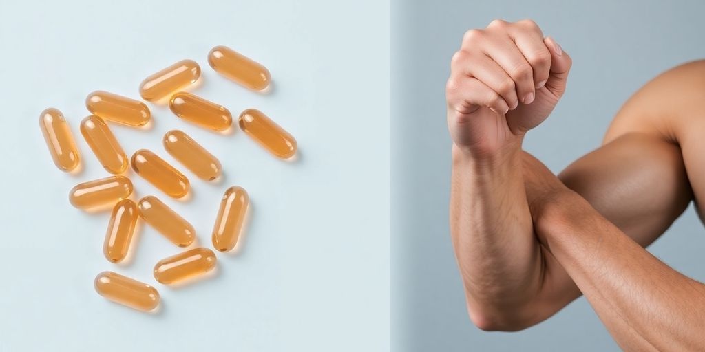 Omega-3 fish oil capsules and a flexing bicep.