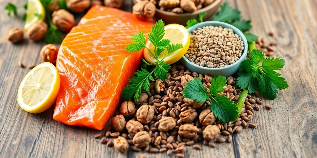 Assorted omega-3 rich foods on a wooden table.