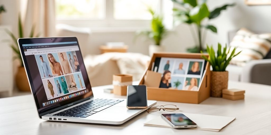 A workspace with a laptop and items for sale.