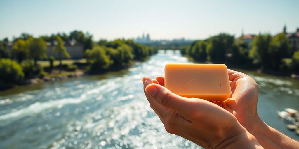Hands holding eco-friendly soap outdoors near river.