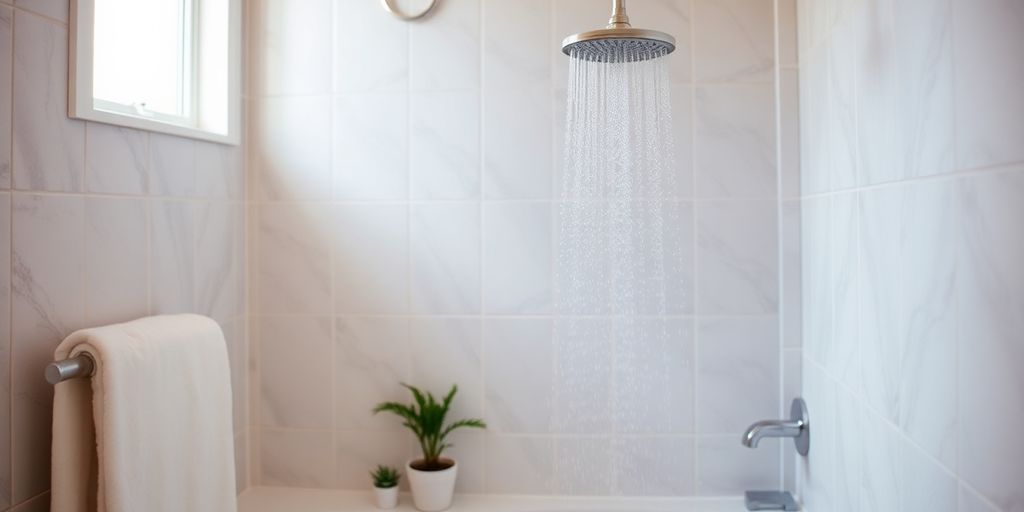 Warm shower with soft lighting and a calming atmosphere.