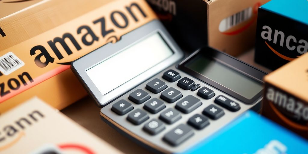 Calculator and Amazon product boxes on a blurred background.