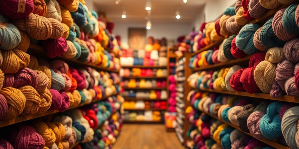 Cozy yarn shop interior with colorful skeins.