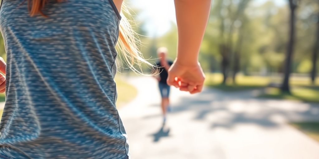 Person exercising outdoors, sunlit, vibrant.