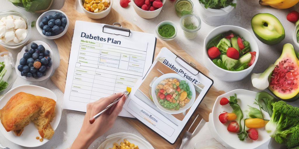 healthy meal plan for diabetes, PDF document, person planning diet, kitchen setting