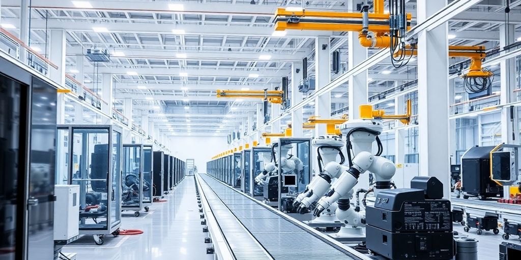 Manufacturing facility with private 5G antennas and robots.