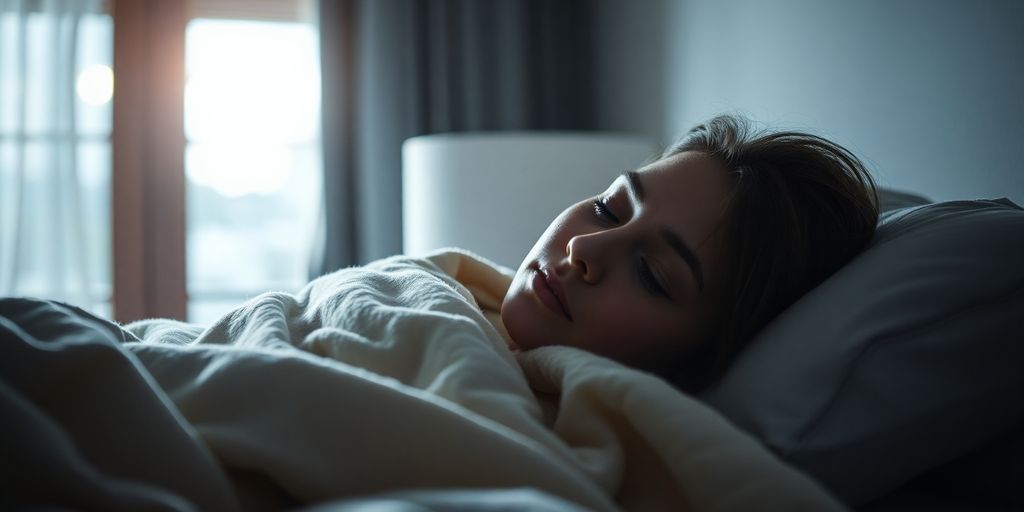 Person sleeping peacefully in a cozy, dimly lit bedroom.
