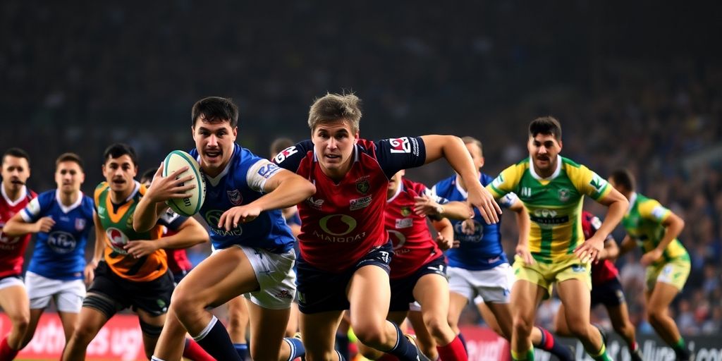 Rugby players in action during a State of Origin match.