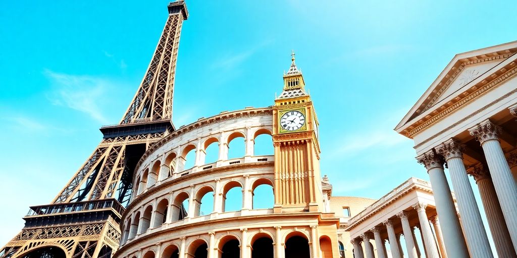 Eiffel Tower, Colosseum, Big Ben, and Acropolis collage.