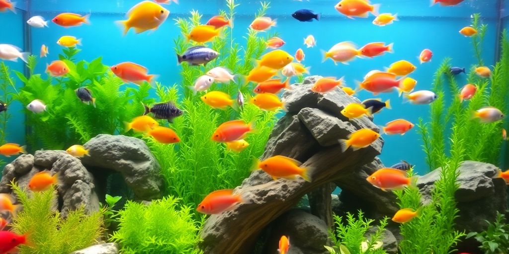 Makukulay na isda na lumalangoy sa isang masaganang aquarium.