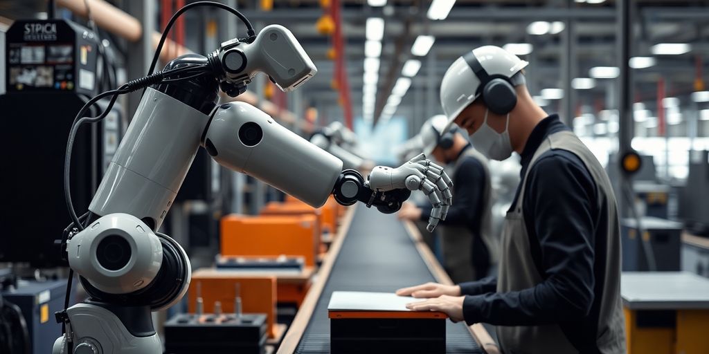 Robot hand replacing a human hand on a conveyor belt.