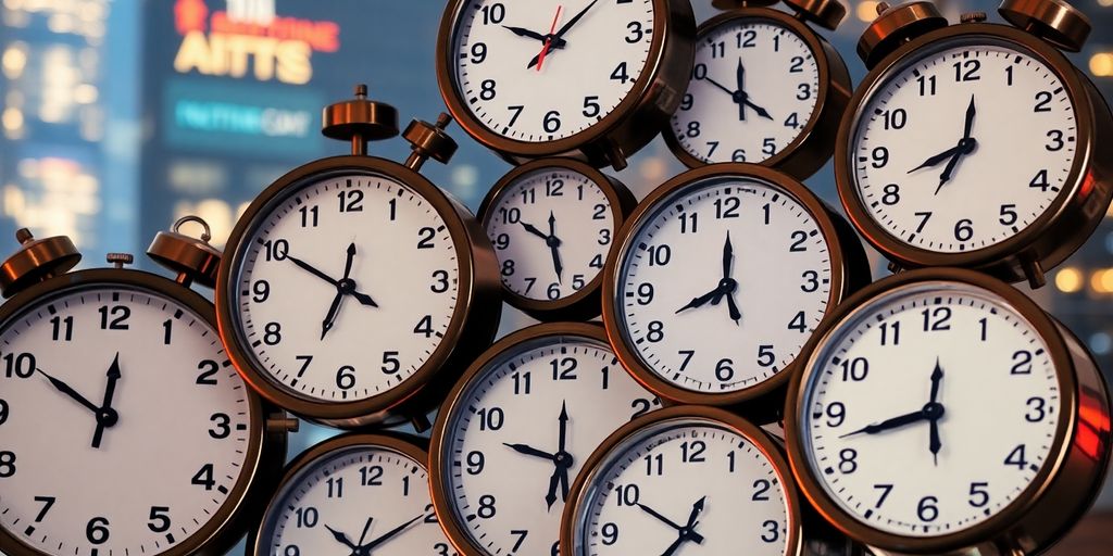 Global clocks showing different times at busy financial centers.