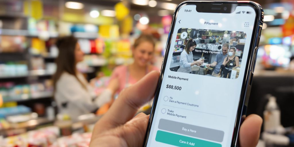 Smartphone with mobile payment app in a busy store.