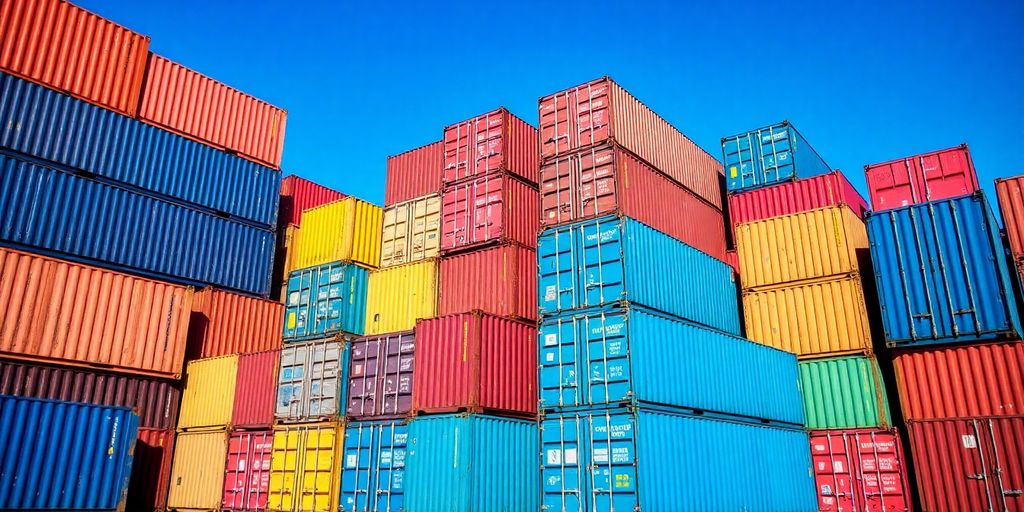 Colorful shipping containers stacked at a busy port.