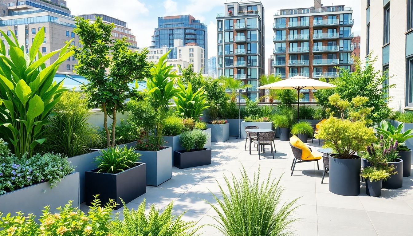 Modern rooftop garden with greenery and stylish furniture.