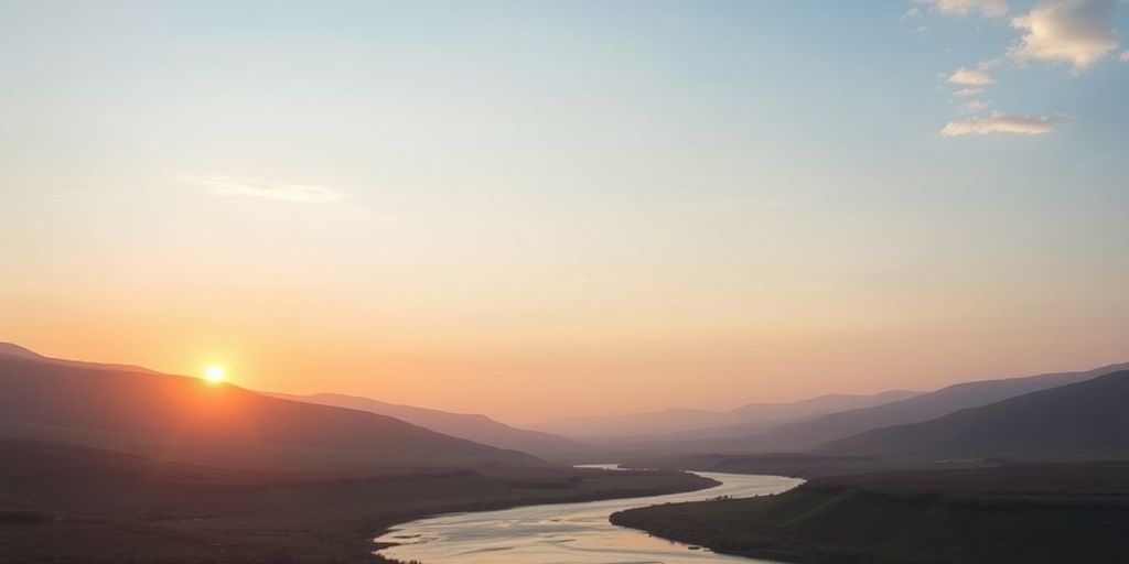 Silhouettes of hills and a river at sunrise.