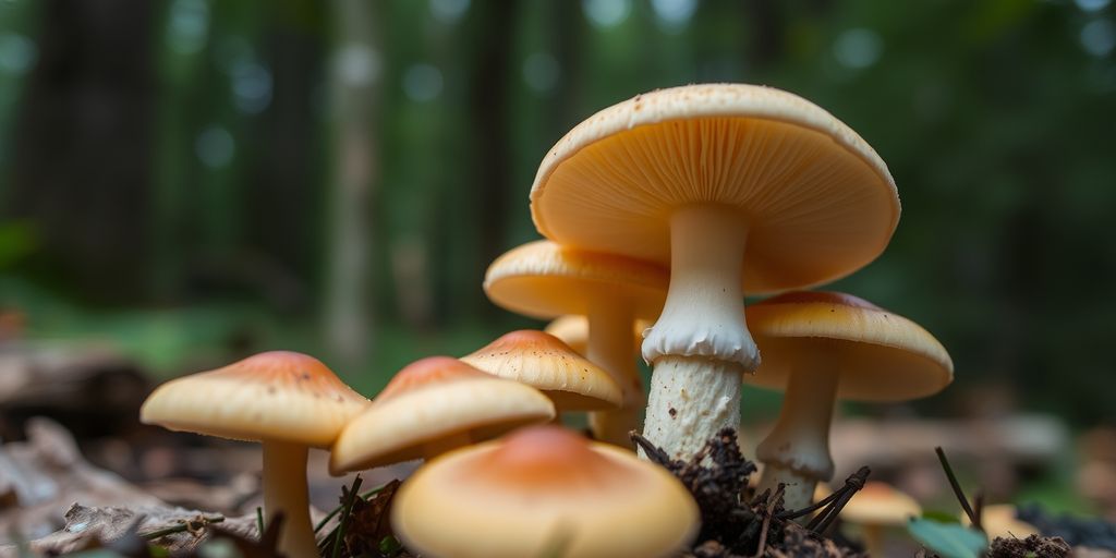 Close-up of psilocybin mushrooms in a forest.