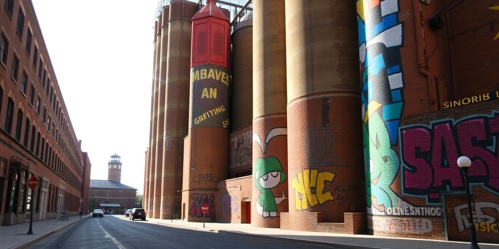 Historic industrial buildings with modern street art murals.