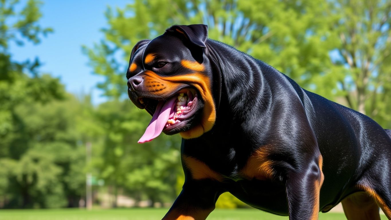Rottweiler playing in a green park.
