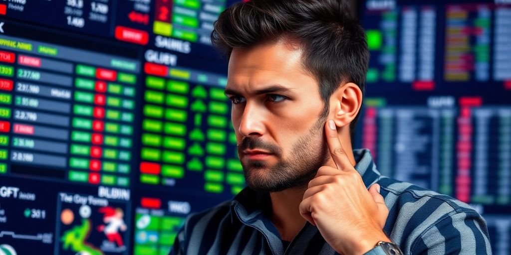 Sports bettor closely watching a vibrant betting interface.