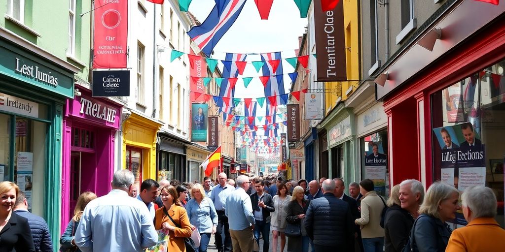 Scène de rue animée en Irlande avant les élections.