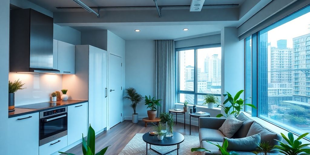 Modern smart apartment with sleek technology and natural light.