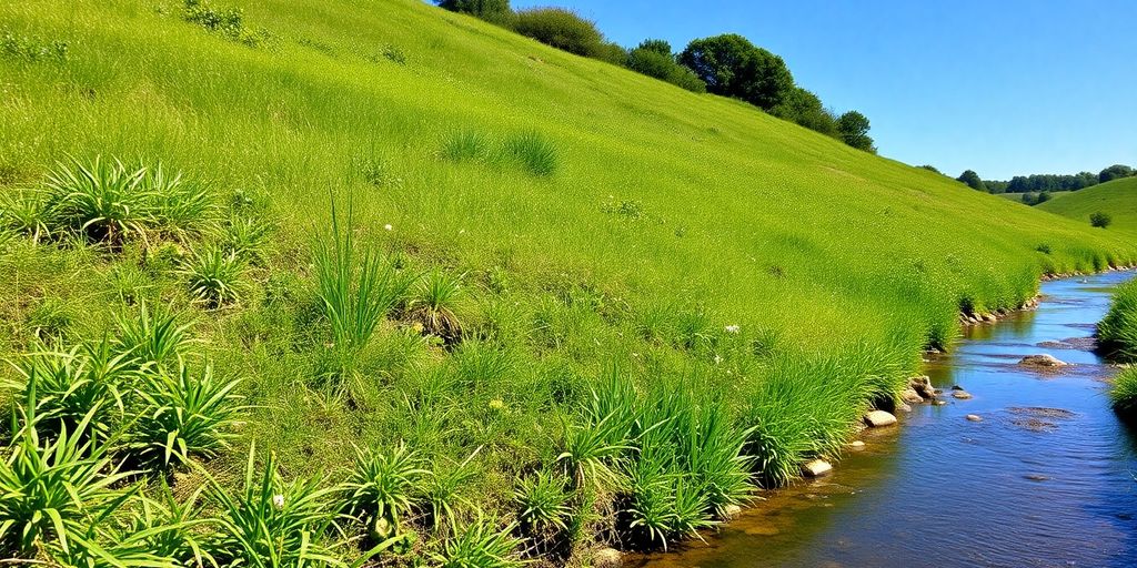 Green landscape with natural erosion control mesh.