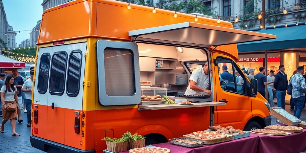 Colourful mobile catering van at outdoor event with chef cooking