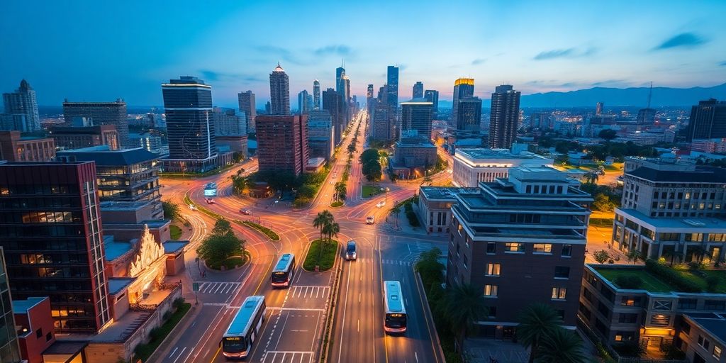 Aerial dusk LA skyline with electric buses and bike lanes