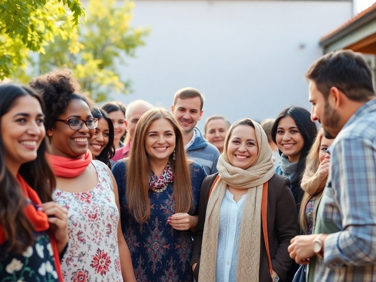 Oameni din diverse etnii interacționând la o adunare.