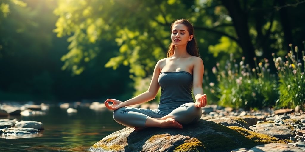 Person meditating peacefully in a sunlit, serene natural setting.
