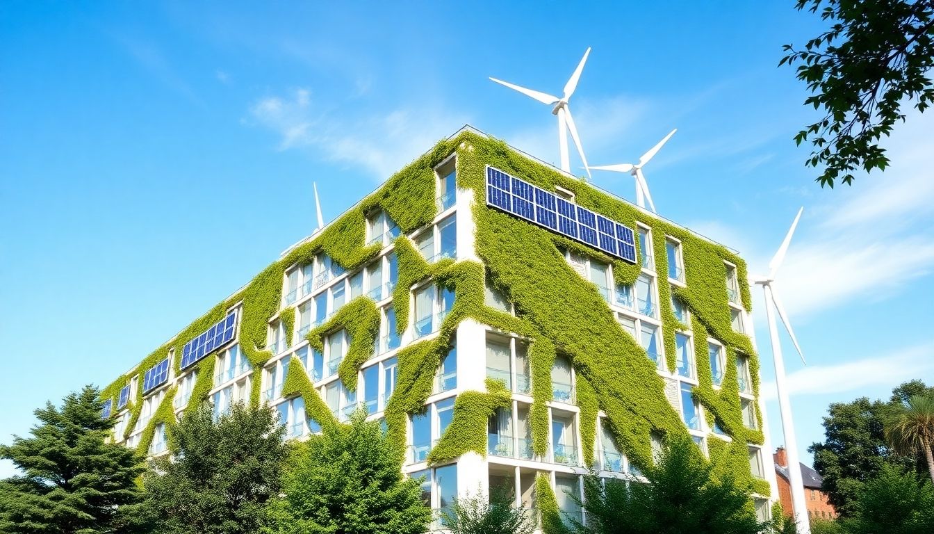Modern building with solar panels and green walls.