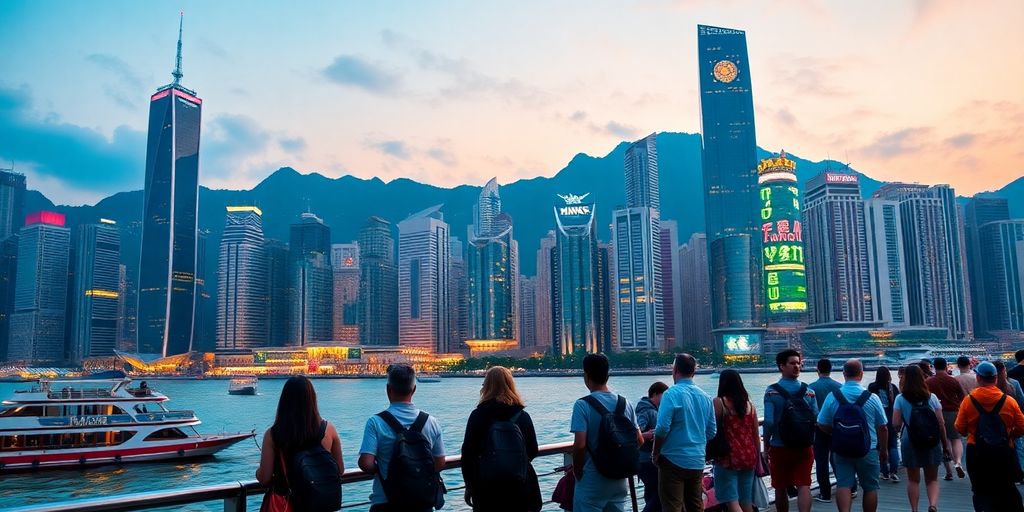 Hong Kong skyline with travellers enjoying the harbour.