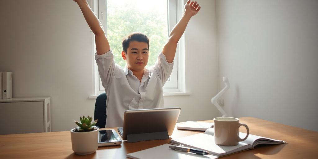 Person stretching at desk with tablet, notebook, mug and plant