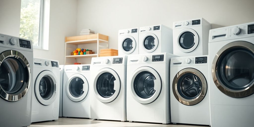 Verschiedene Waschmaschinen in einem modernen Waschraum.