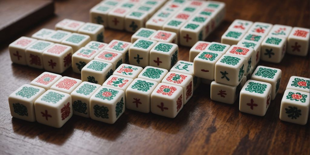 Mahjong tiles with Chinese characters and symbols on table.