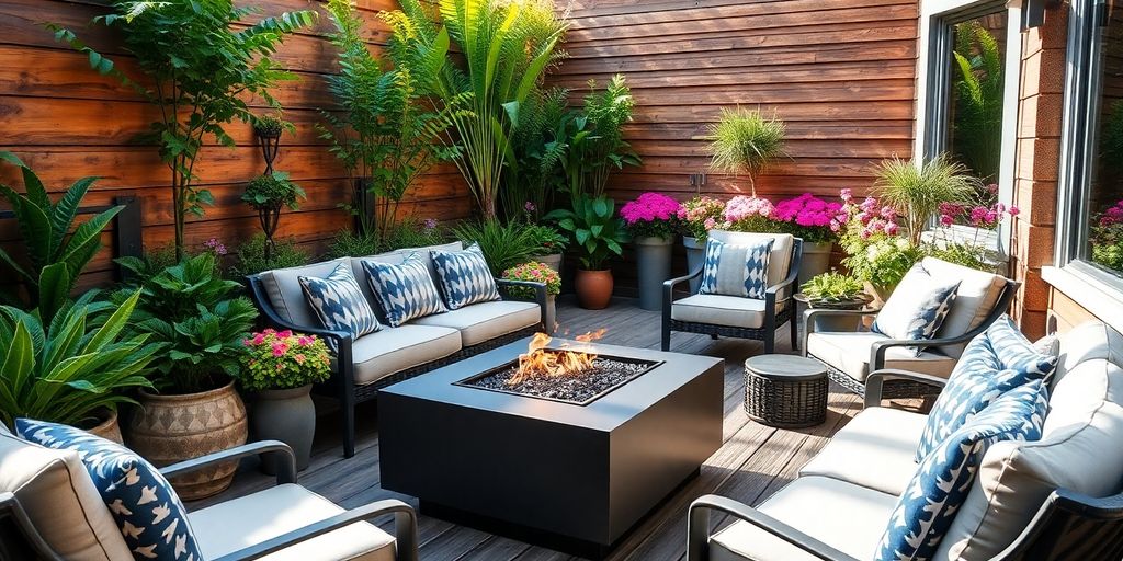 Modern patio with cozy outdoor furniture, lush plants.