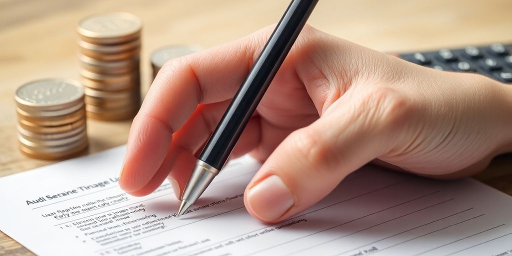 Main d'une personne avec un stylo et documents financiers.