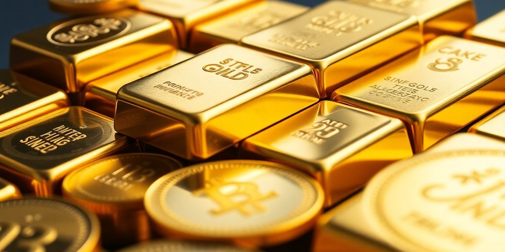 Pièces et lingots d'or sur un fond neutre.