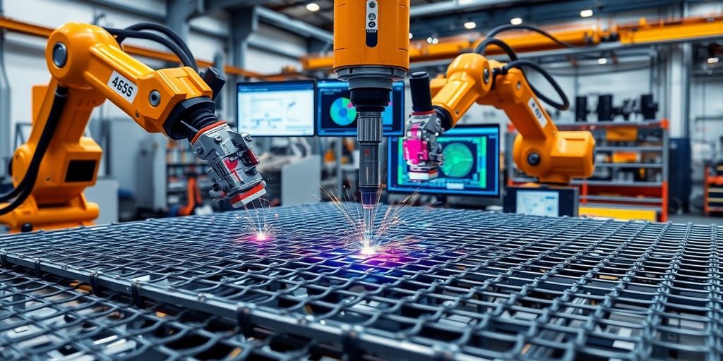 High-tech mesh welding machine with robotic arms.