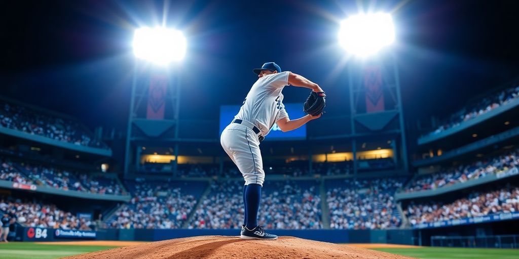 Dodger Stadium night game, pitcher on mound.