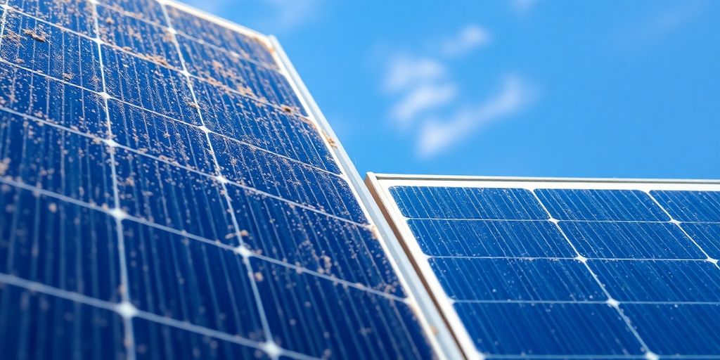 Dirty solar panels with dust and grime accumulation.