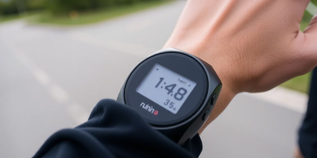 Runner checks heart rate monitor on wrist mid-run.
