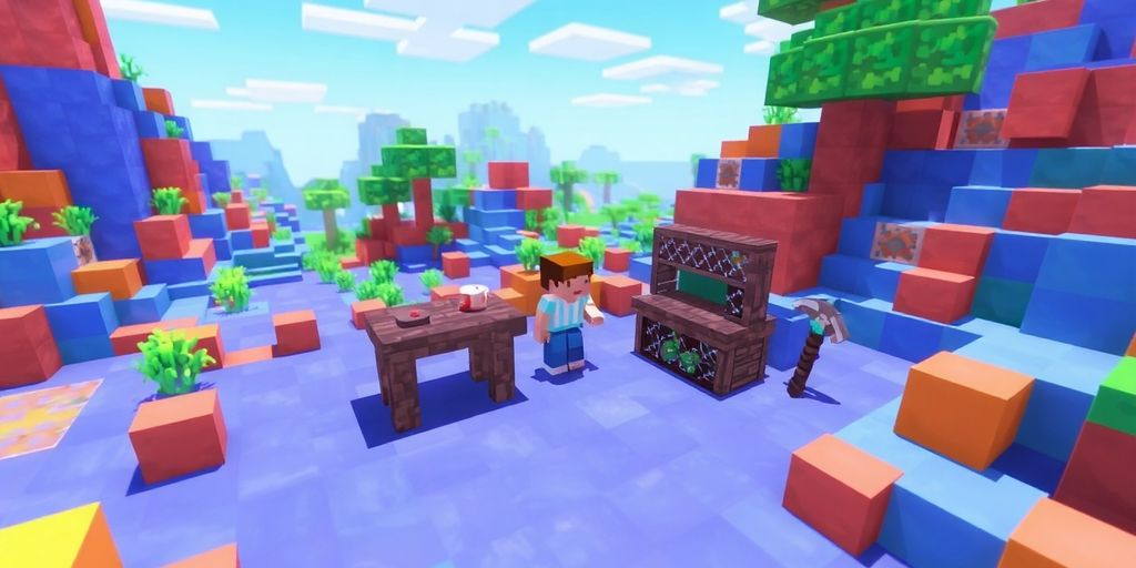 Blocky landscape, player, crafting table, pickaxe.