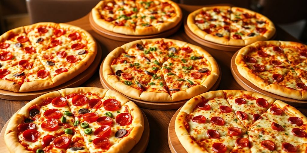 Different sizes of Papa John's pizzas with toppings.